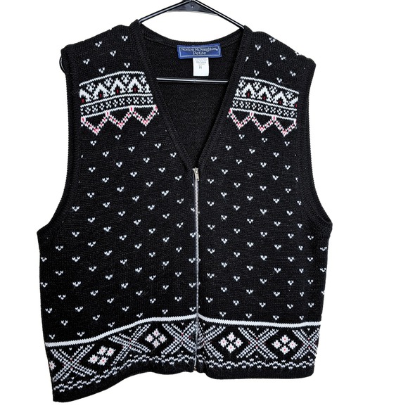 VTG Norton McNaughton Petite Fair Isle Sweater Vest Knit Sleeveless Zip Black M - Picture 1 of 6